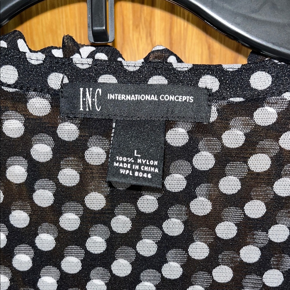 INC International Concepts Black and White Polka Dot Ruffle V-Neck Blouse - Picture 3 of 5
